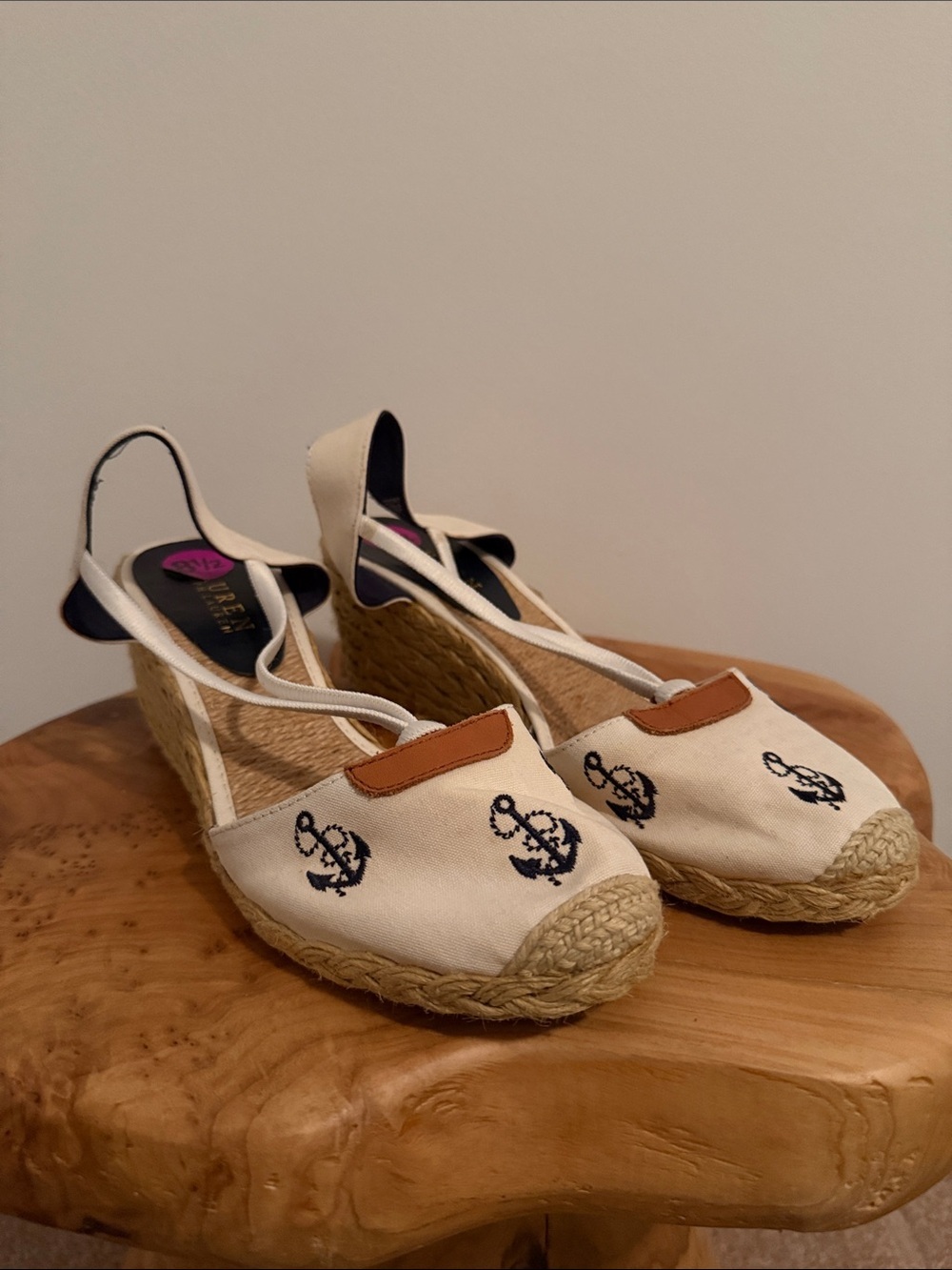 Lauren Ralph Lauren Cream Espadrille Wedge Sandals with Navy Anchor Embroidery
